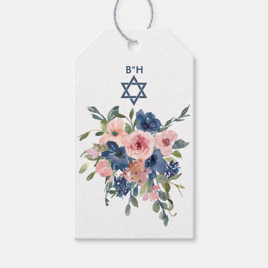 Aquarellnavy und Blush Floral Bat Mitzvah Geschenkanhänger (Vorderseite)