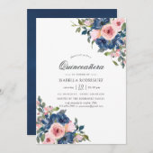 Aquarellnavy und Blush Floral Quinceñera Einladung (Vorne/Hinten)