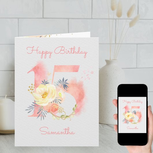 Aquarellnummer 15 Personalisiert 15. Geburtstag Karte