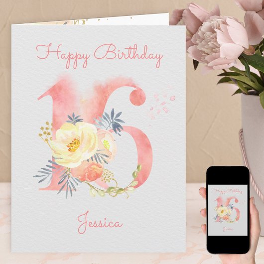 Aquarellnummer 16 Personalisiert 15. Geburtstag Karte
