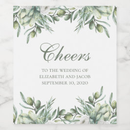 Aquarelloliven. Hochzeit mit Blumen Weinetikett