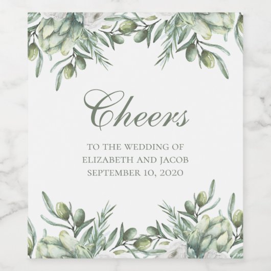 Aquarelloliven. Hochzeit mit Blumen Weinetikett (Einzelnes Label)