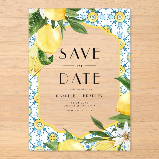 Aquarellon Lemon Mittelmeer Save the Date Acryleinladungen (Vorderseite)