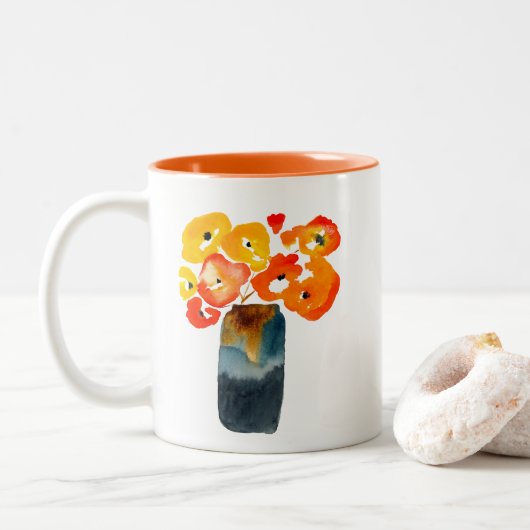 Aquarellorange und rote Mohnblumen Zweifarbige Tasse (Mit Donut)