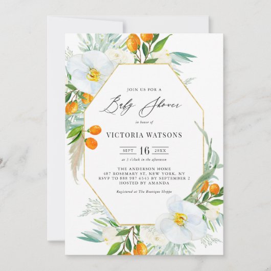 Aquarellorchids & Kumquats Frame Baby Dusche Einladung (Vorderseite)