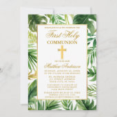 Aquarellpalme Blätter Erste Kommunion Gold Einladung (Vorderseite)