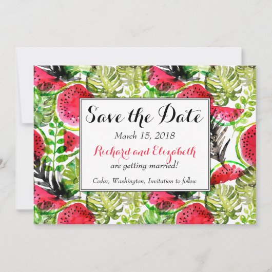 Aquarellpalme Blätter Wassermelone Save the Date Einladung (Vorderseite)