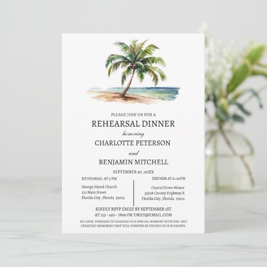 Aquarellpalme Tree Beach Probe Abendessen Einladung (Stehend Vorderseite)
