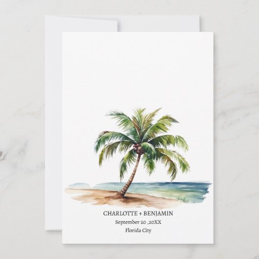 Aquarellpalme Tree Beach Probe Abendessen Einladung (Rückseite)