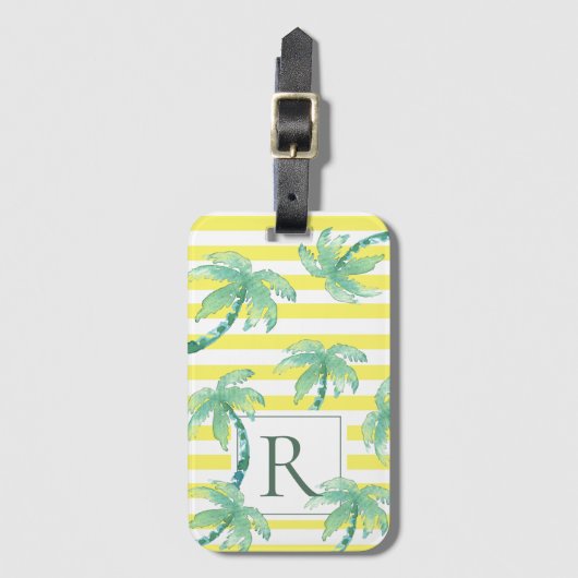 Aquarellpalme und gelb gestreifte Monogramm Gepäckanhänger (Vorderseite Vertikal)