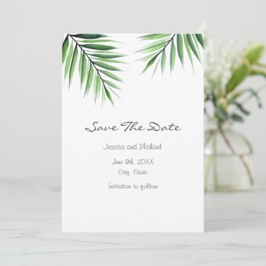 Aquarellpalmen Save The Date (Stehend Vorderseite)