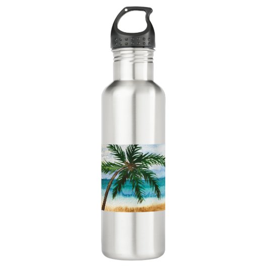 Aquarellpalmen Strand Meer hawaii Küste Edelstahlflasche (Vorderseite)