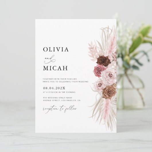 Aquarellpampas Hochzeit staubiger Rose Einladung (Stehend Vorderseite)