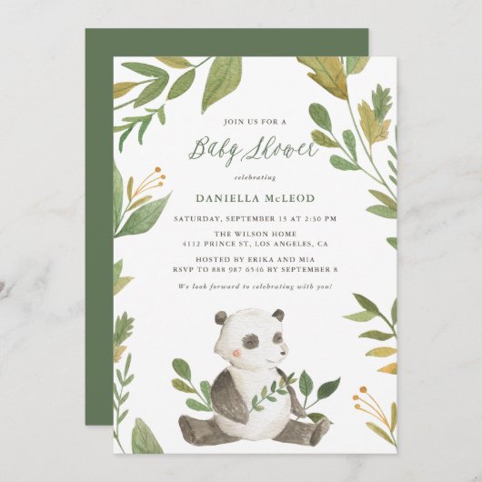 Aquarellpanda mit Foliage Wreath Babydusche Einladung (Vorne/Hinten)
