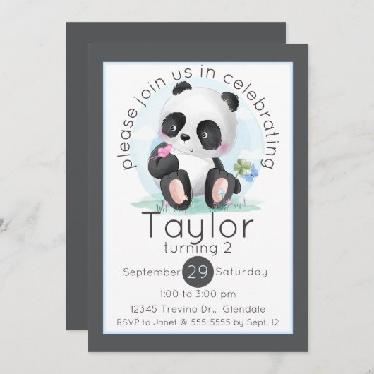 Aquarellpanda mit Schmetterlingen Geburtstag Einladung (Vorne/Hinten)