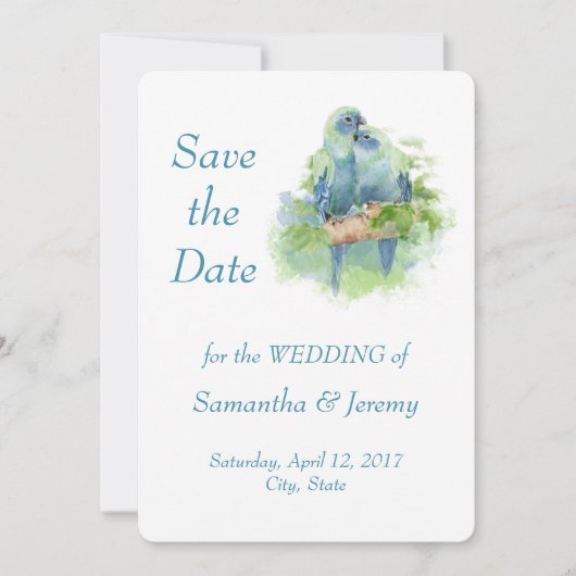 Aquarellparrots Blaugrün Save the Date (Vorderseite)