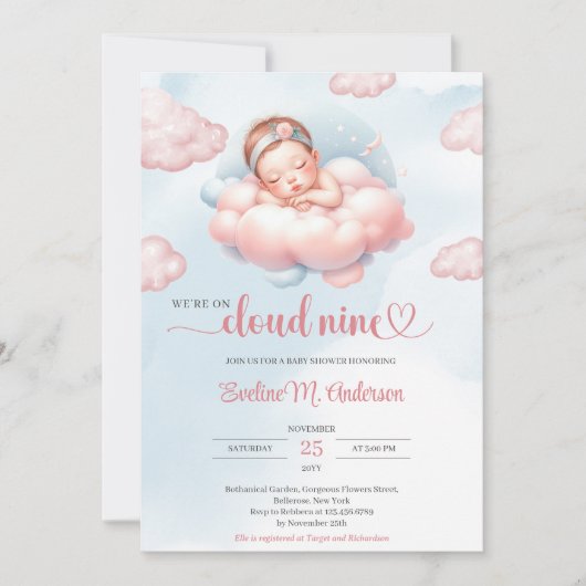 Aquarellpastellfarbe Rosa und blaue Wolke neun Mäd Einladung (Vorderseite)