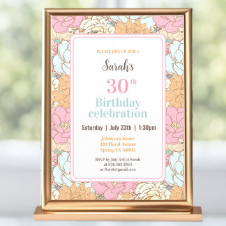 Aquarellpastellfarben Blütenrosa 30. Geburtstag Einladung