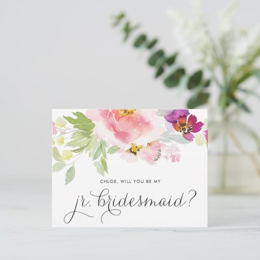 Aquarellpastellfarben floral be my jr Bridesmaid c Einladungspostkarte (Stehend Vorderseite)