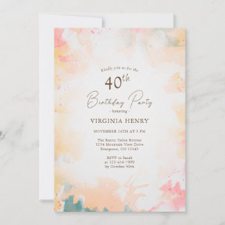 Aquarellpastellfarben Gold 40. Geburtstags-Party Einladung