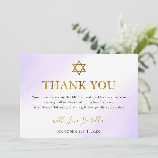 Aquarellpastellfarben Lila Gold Bat Mitzvah Dankeskarte (Stehend Vorderseite)