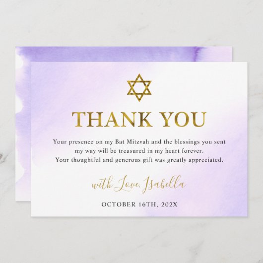Aquarellpastellfarben Lila Gold Bat Mitzvah Dankeskarte (Vorne/Hinten)