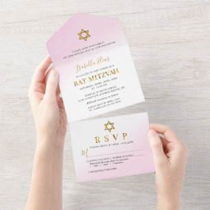 Aquarellpastellfarben Pink Gold Bat Mitzvah All In One Einladung