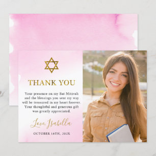 Aquarellpastellfarben Pink Gold Bat Mitzvah Foto Dankeskarte