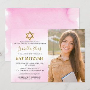 Aquarellpastellfarben Pink Gold Bat Mitzvah Foto Einladung