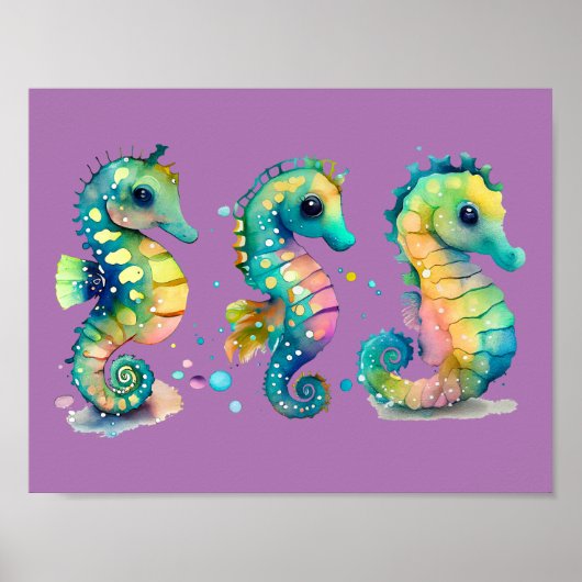 Aquarellpastellfarben Rainbow-Seepferde Poster (Vorne)