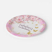 Aquarellpastellfarben Rosa Blume Gold Schmetterlin Pappteller (Schrägansicht)