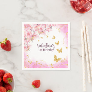Aquarellpastellfarben Rosa Blume Gold Schmetterlin Serviette
