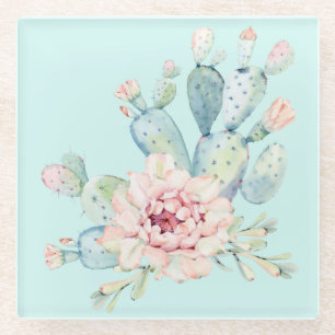 Aquarellpastellkaktus und rosa Blume Glasuntersetzer