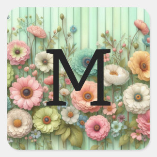Aquarellpasten mit Monogramm, Blume auf grünem Hol Quadratischer Aufkleber