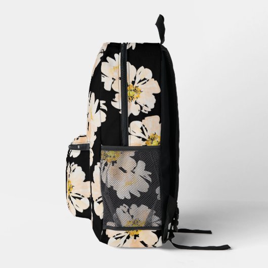 Aquarellpeere Blume auf schwarzen Blumenmustern Bedruckter Rucksack (Rechts)