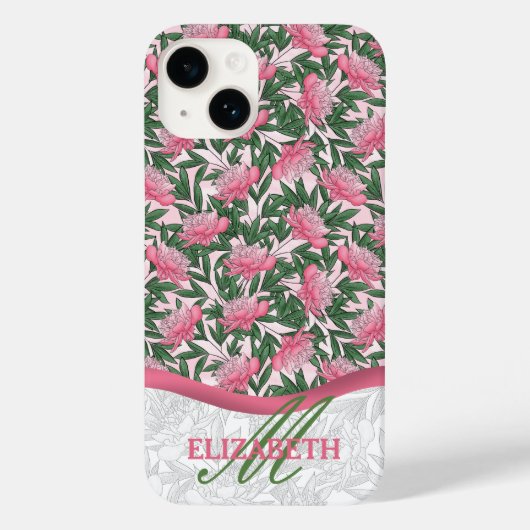 Aquarellpeonys Blumenmuster Pink Monogramm Case-Mate iPhone Hülle (Rückseite)