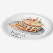 Aquarellpfannkuchen mit Ahornsirup Pappteller (Schrägansicht)