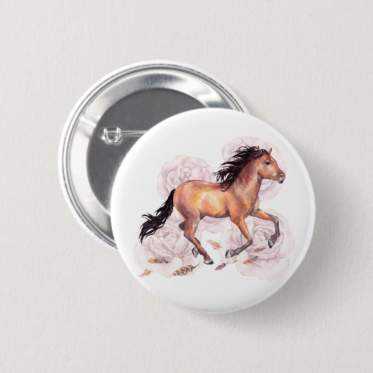 Aquarellpferd mit Blume Boho Hintergrund Button (Vorne & Hinten)