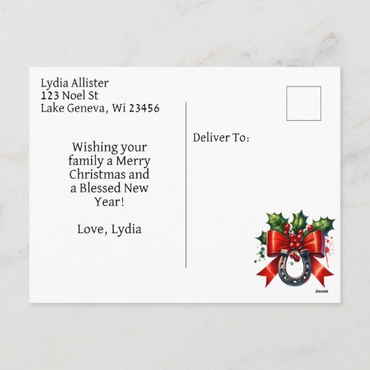 Aquarellpferd und festlicher Bauernhof Weihnachten (Rückseite)