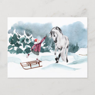 Aquarellpferd Winter Schnee Mit Mädchen Postkarte