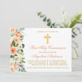 Aquarellpfirsich Floral Gold Erstkommunion Einladung (Stehend Vorderseite)