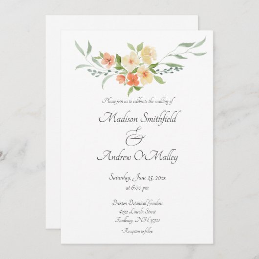 Aquarellpfirsich, Gelb und Grüne Blüte Einladung (Vorne/Hinten)