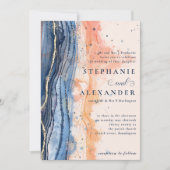 Aquarellpfirsich und Blauer feierliche Hochzeit Einladung (Vorderseite)