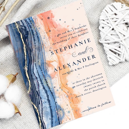 Aquarellpfirsich und Blauer feierliche Hochzeit Einladung