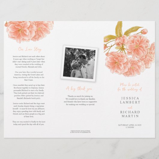 Aquarellpfirsichblüte Hochzeitsprogramm (Vorne)