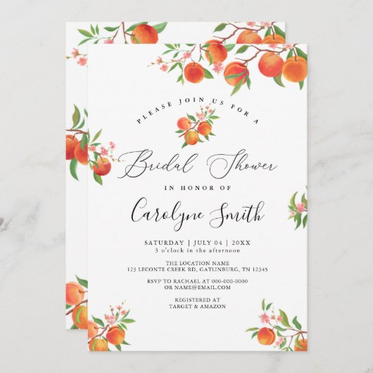 Aquarellpfirsiche Blumendusche Einladung (Vorne/Hinten)