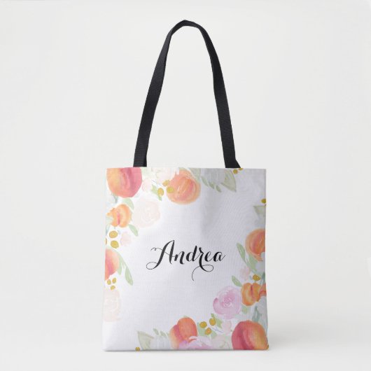 Aquarellpfirsiche Floral Personalisiert Totbeutel Tasche (Vorderseite)