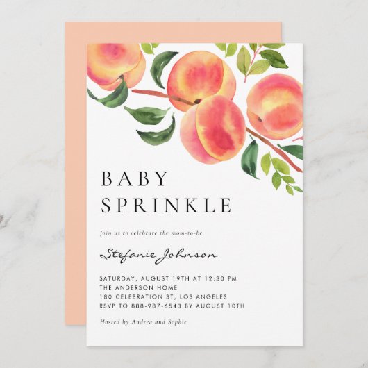 Aquarellpfirsiche Summer Baby Sprinkle Einladung (Vorne/Hinten)
