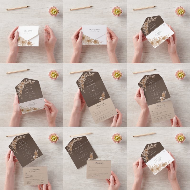 Aquarellpfirsichfarben Blume verdreifachen Hochzei All In One Einladung