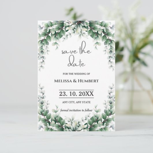 Aquarellpflanze Foliage Eukalyptus Wreath Save The Date (Stehend Vorderseite)